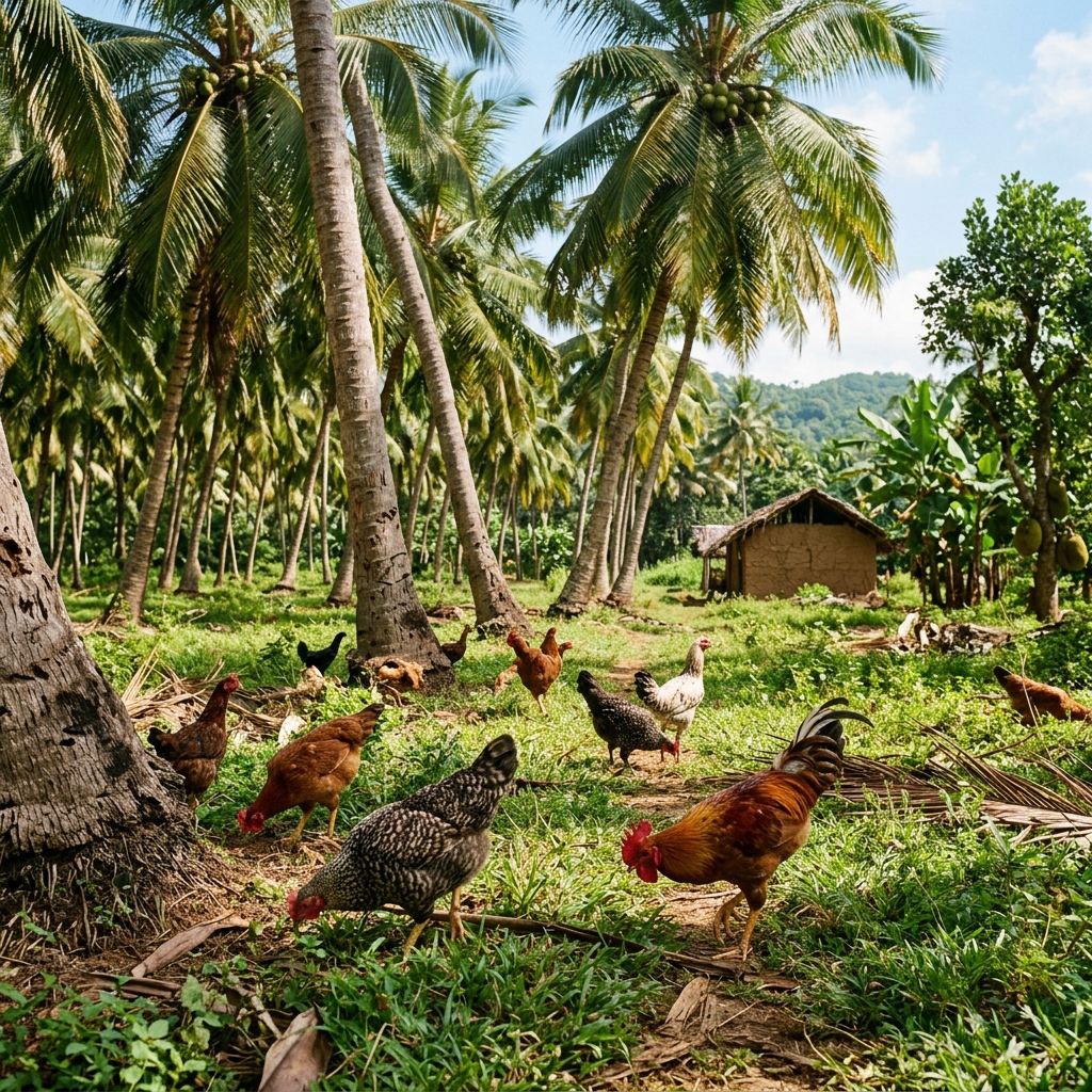 Chickens under coconut trees