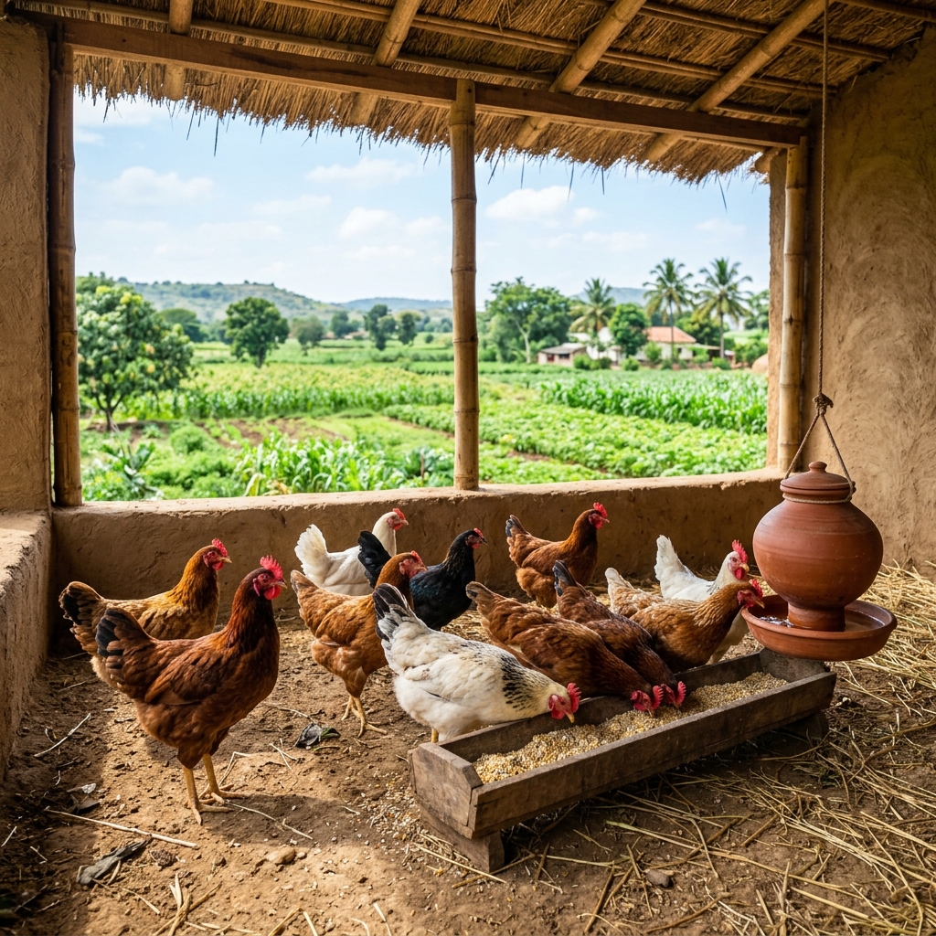 Country chickens drinking water